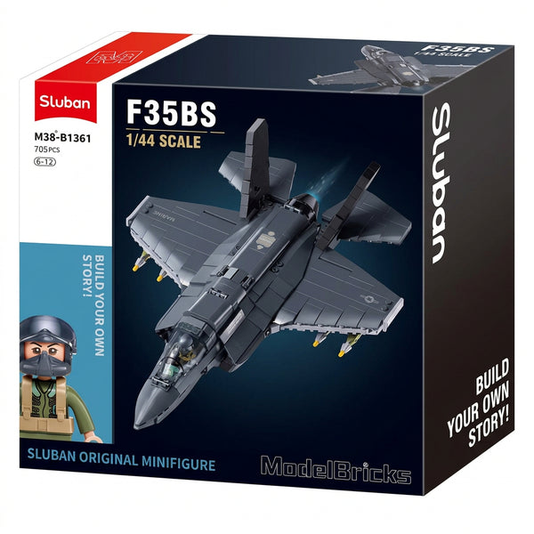 Sluban F35BS model airplane kit packaging with dimensions on a white background