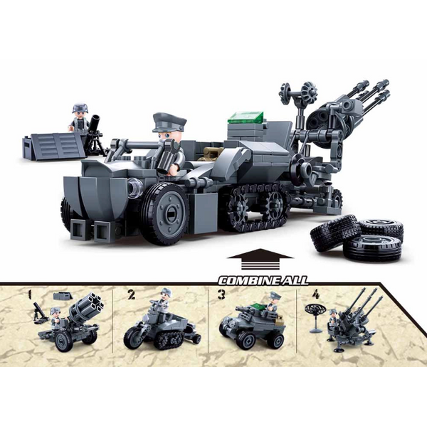 Toy military vehicle set with building blocks, showing assembly steps on a white background.