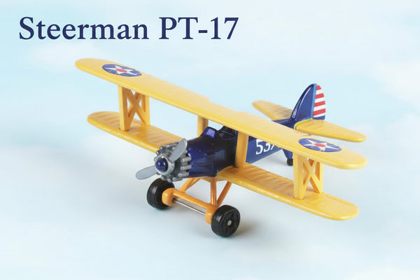 Yellow biplane model with blue accents on a light blue background