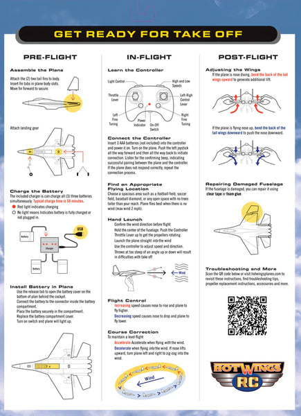Instructions for assembling and flying a remote control airplane with Hot Wing RC branding.