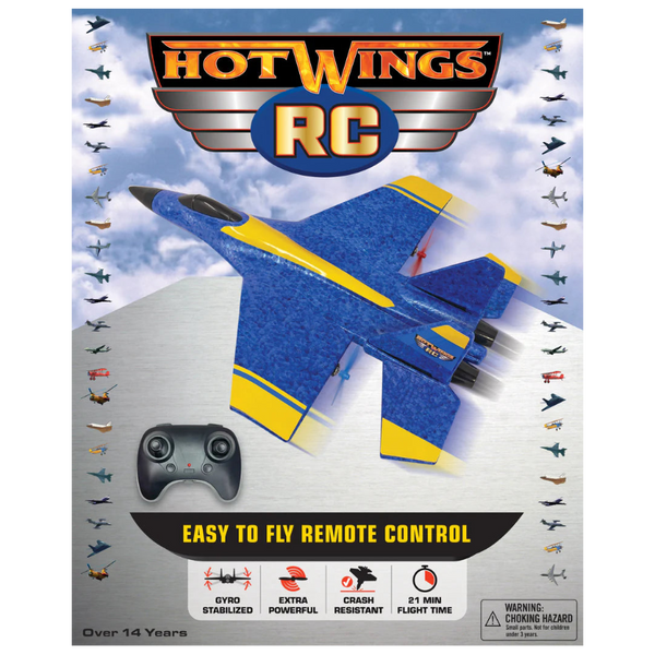 Hot Wings RC toy airplane with remote control on a promotional background