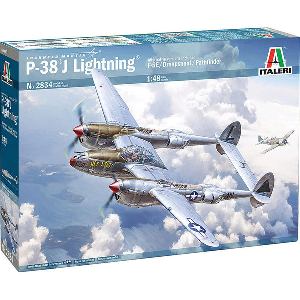 Model airplane kit box for Lockheed Martin P-38 J Lightning by Italeri with two planes flying in the sky.