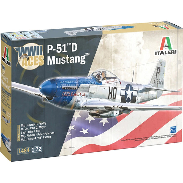 Italeri P-51D Mustang model kit box, 1:72 scale, showing a blue and silver vintage fighter plane on the front with an American flag graphic and the Italeri logo.