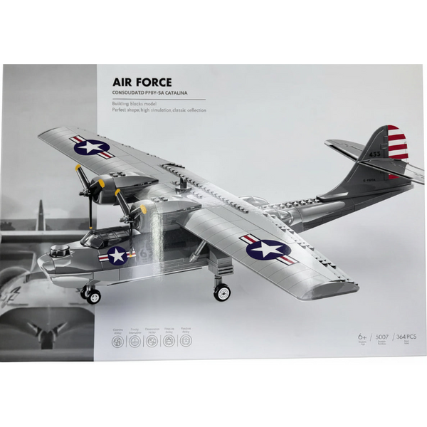A model kit box for an Air Force Consolidated P-39 Catalina, featuring a detailed illustration of the silver aircraft with US military insignia on a light gray background. 
