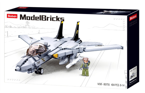 Sluban ModelBricks toy building block set box featuring a gray military fighter jet and a small minifigure on a white background.