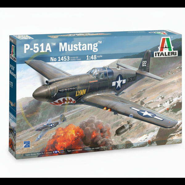 Model airplane kit box for P-51A Mustang with a scenic background