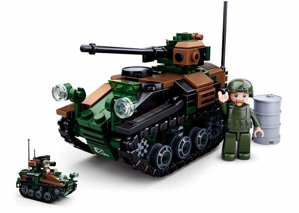 Toy tank set with a smaller tank and soldier figure on a white background
