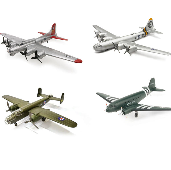 Four model airplanes in different colors on a white background