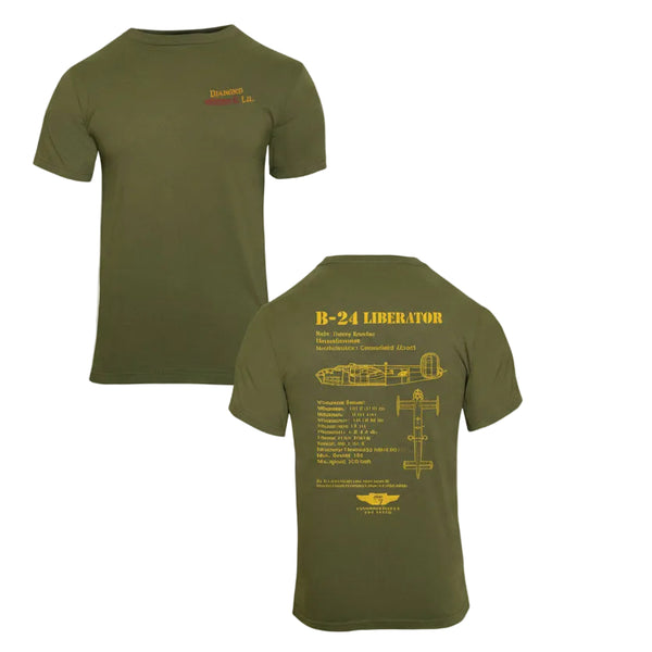Green T-shirt featuring B-24 'Diamond Lil' nose art on the front and a detailed scheme of the B-24 bomber on the back.