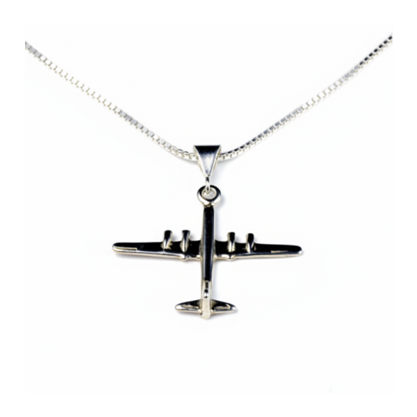 Silver airplane-shaped earrings and necklace on a white background