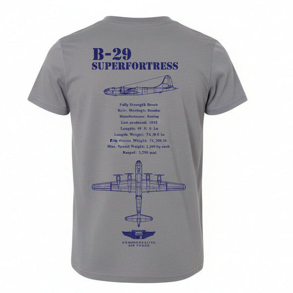 Gray t-shirt with blue B-29 Superfortress design on a white background