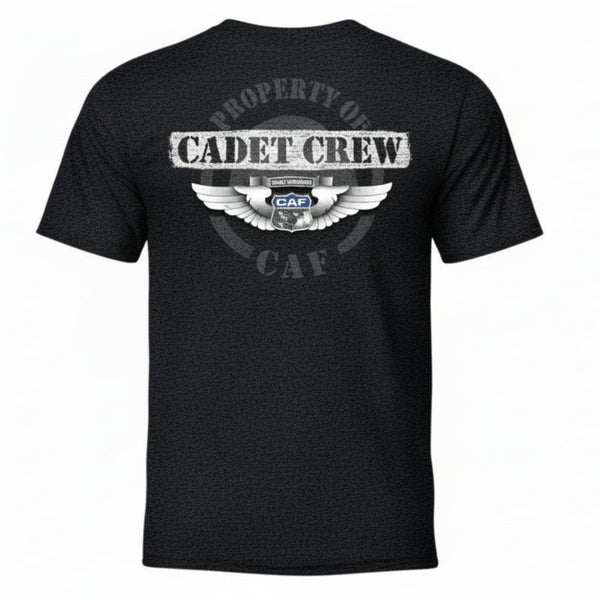 Black t-shirt with 'Property of Cadet Crew' text on a white background