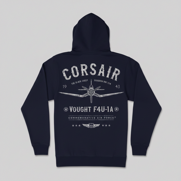 A navy blue hooded sweatshirt shown from the back, featuring a large white graphic print of a vintage fighter plane and the text 'CORSAIR' and 'VOUGHT F4U-1A' on a light gray background.