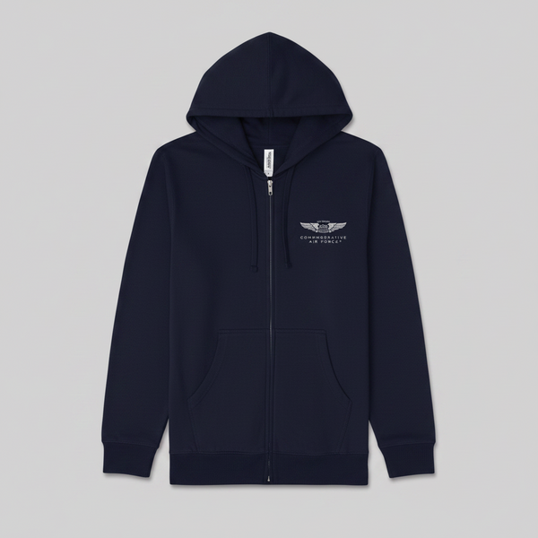 A navy blue zip-up hoodie with a drawstring hood, kangaroo pockets, and a small white winged logo on the left chest, displayed against a solid gray background.