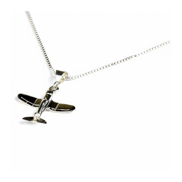 Silver airplane necklace set on a white background