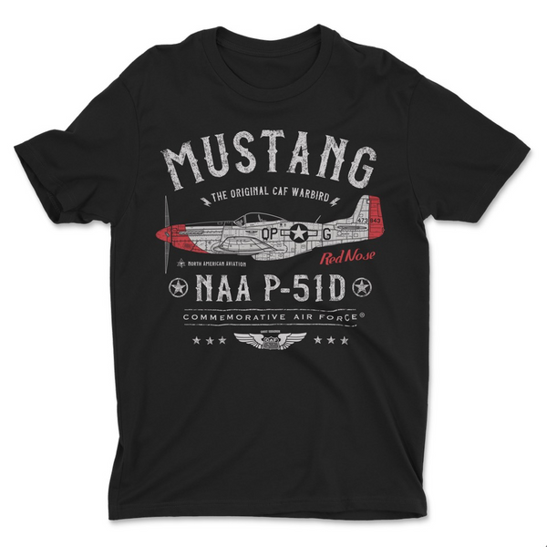 Black t-shirt with vintage airplane graphic and text on a white background