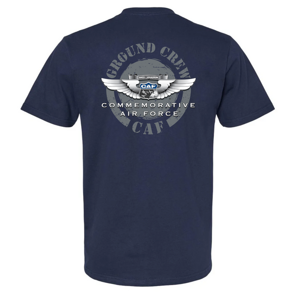 A navy blue t-shirt with a graphic print on the back featuring the Commemorative Air Force Ground Crew logo.