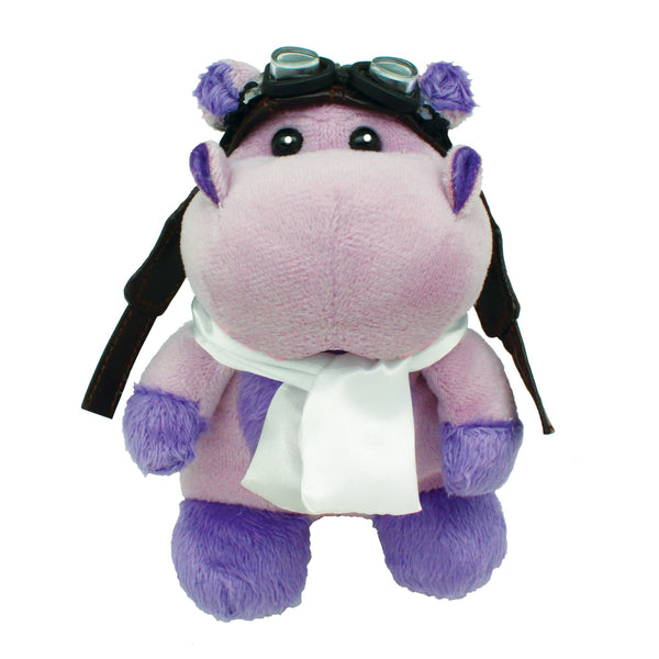 Plush toy hippo with goggles and scarf on a white background