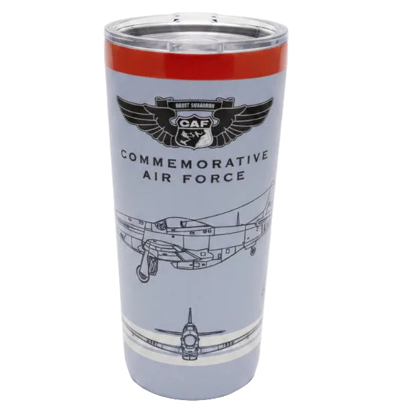 An insulated tumbler with a red top band and a printed black-and-white Air Force plane illustration and the words 'Commemorative Air Force.'