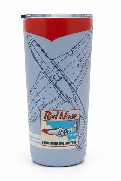 A tall insulated tumbler with a clear lid. The tumbler has a red top section, a white lower section, a blue airplane line drawing, and a front label reading 'Red Nose Commemorative Air Force.
