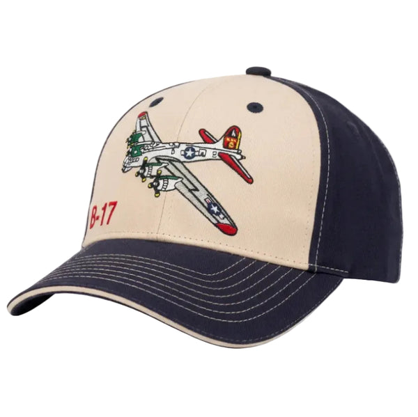 A baseball cap rfeaturing a beige front panel with an embroidered B-17 bomber plane and the red text 'B-17'