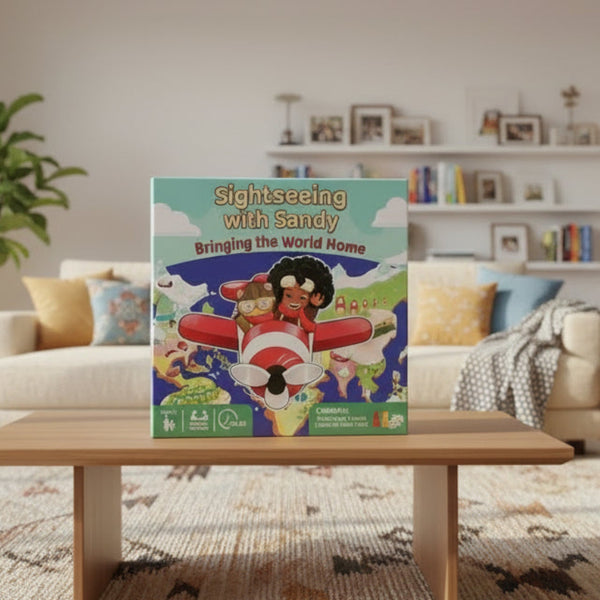 Board book titled 'Sightseeing with Sandy: Bringing the World Home' on a chair.