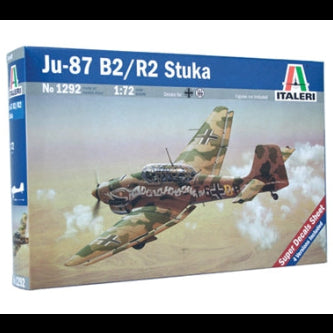 Model airplane kit box for Ju-87 B2/R2 Stuka with camouflage design on a white background