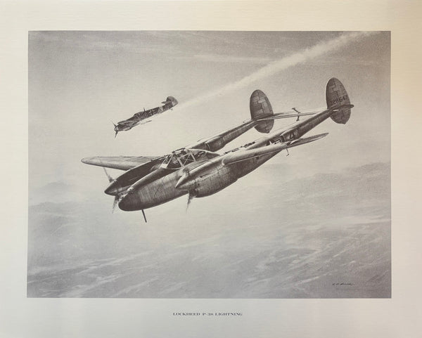 A pencil print of a WWII era Lockheed P-38 Lightning airplane with detailed markings and a clear representation of its structure and motion.
