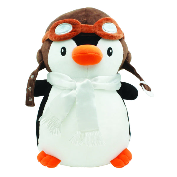 Plush toy penguin wearing an aviator helmet and goggles on a white background