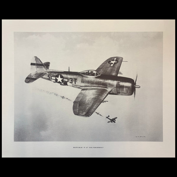 A pencil print of a WWII era Republic P-47 Thunderbolt  airplane with detailed markings and a clear representation of its structure and motion.