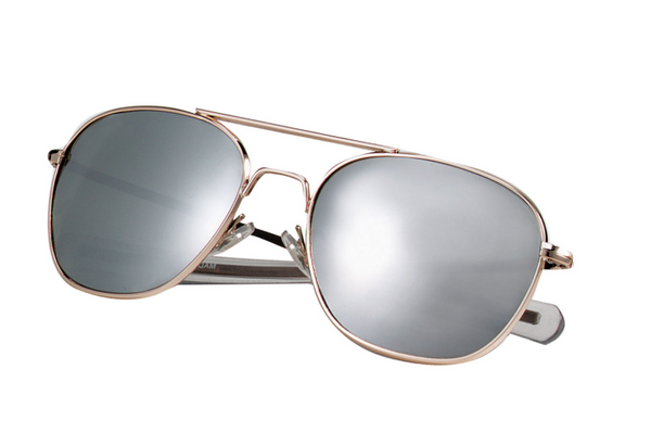 Aviator sunglasses with rose gold frame and silver mirror lenses on a white background