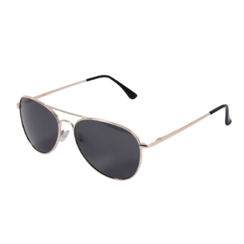 Sunglasses with gold frame and dark lenses on a white background