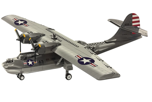 A toy building-block style model of a vintage military aircraft with twin propellers, shown on a plain white background. The plane is primarily gray with U.