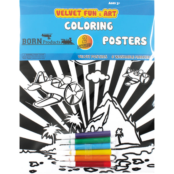 Coloring posters with airplanes and mountains design, featuring Born Products branding.