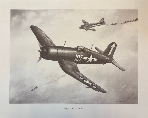 A pencil print of a WWII era Vought F4U Corsair airplane with detailed markings and a clear representation of its structure and motion.