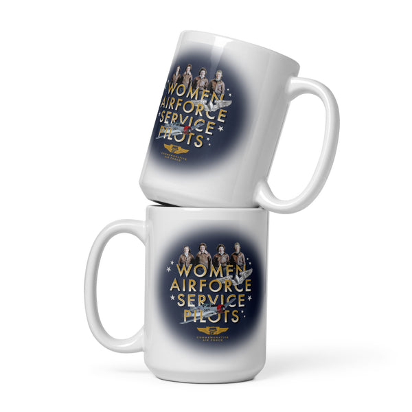 Two white ceramic mugs with round blue logos featuring text related to the Women Airforce Service Pilots (WASP).