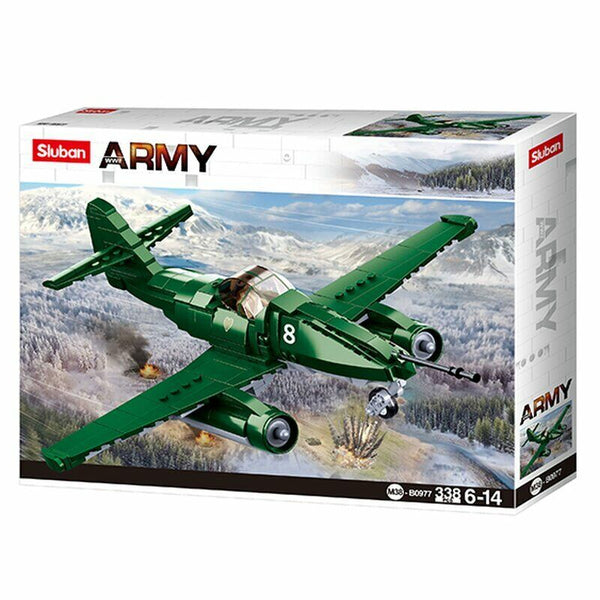 Sluban Army toy airplane set packaging with a green airplane on a scenic background