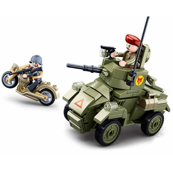 Toy military vehicle with figures on a white background