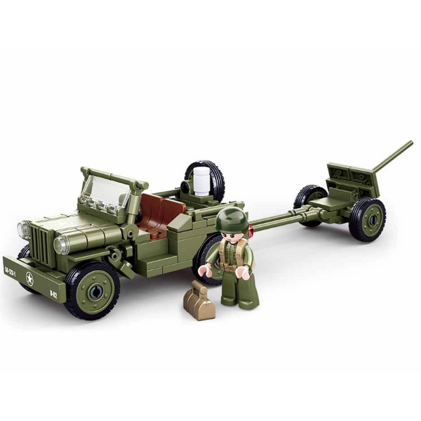 Toy model of a military vehicle with a soldier figure on a white background
