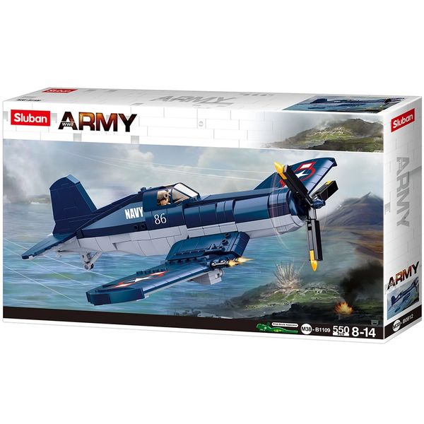 Sluban Army airplane model kit packaging with an airplane illustration on a white background