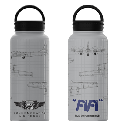 A light gray water bottle with a black lid and printed with airplane blueprint graphics for the B-29 Superfortress FIFI.