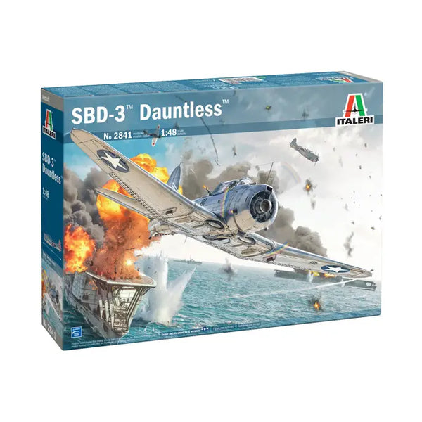 Model kit box for SBD-3 Dauntless aircraft by Italeri on a white background