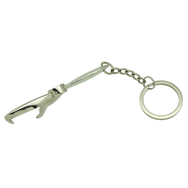 Metallic propeller-shaped bottle opener keychain on a white background
