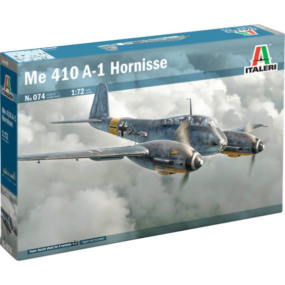 Model airplane kit box for Me 410 A-1 Hornisse with Italeri branding.
