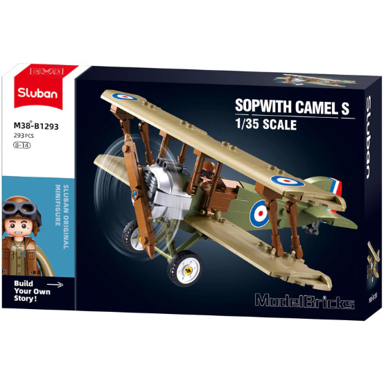 Sluban model airplane kit packaging with a biplane design on a dark background