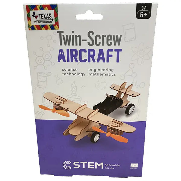 Packaging of a twin-screw aircraft model kit with Texas Toy Distribution branding.