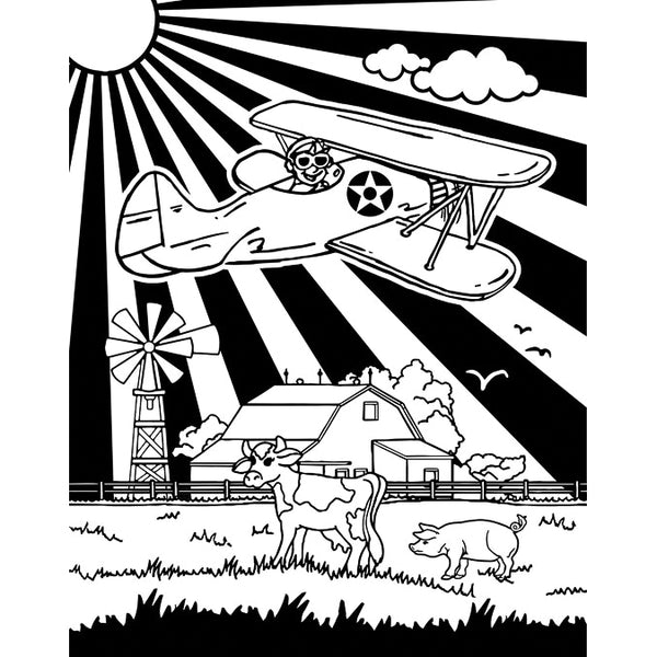 Black and white illustration of a biplane over a farm with a barn, windmill, and animals.